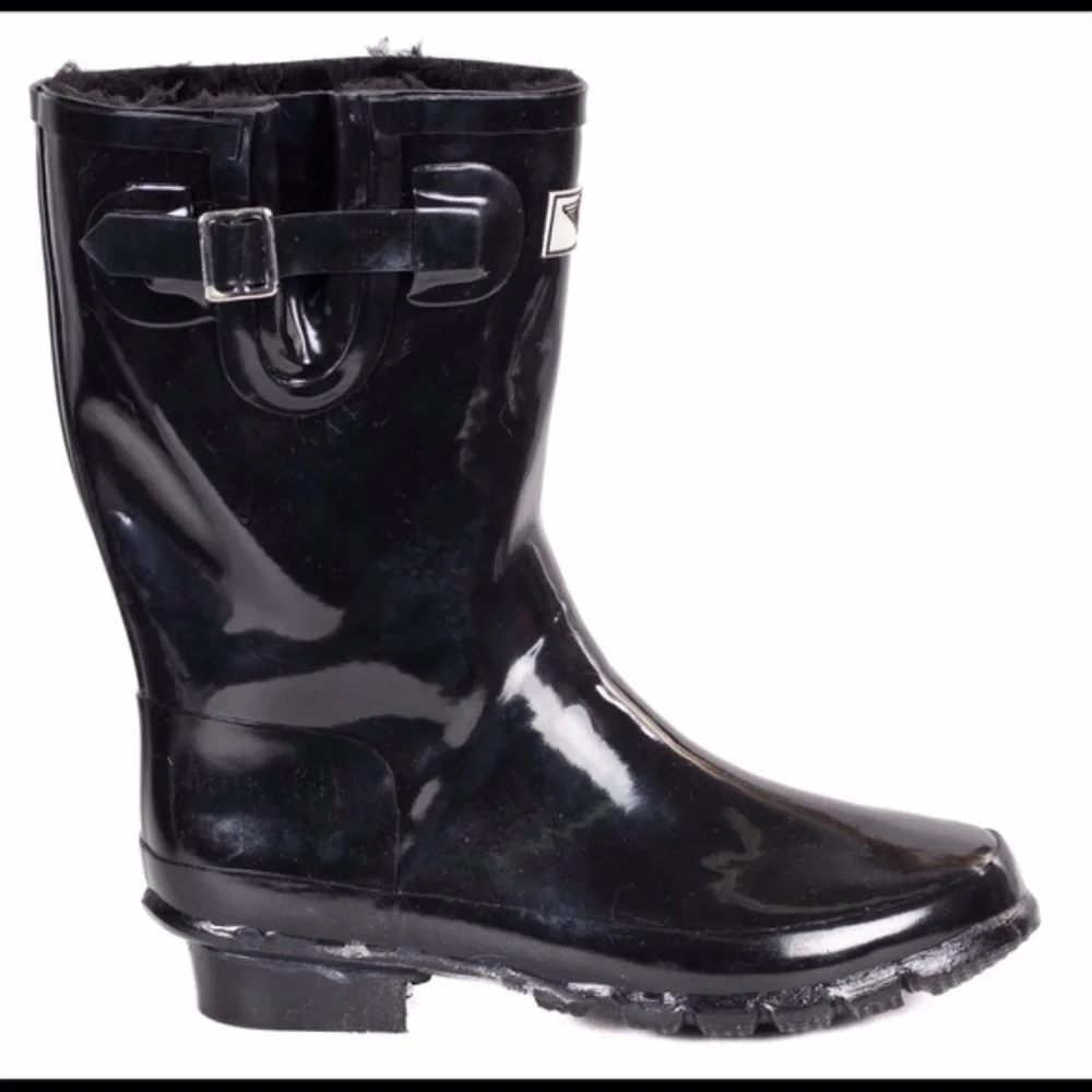 Women Rubber Rain Boots, Faux Fur Lined Black Garden Rainboots, NEW